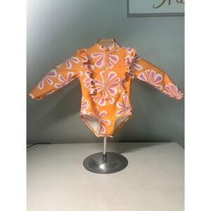 Jessica‎ Simpson Rash Guard Swimsuit Ruffle Butt Trim Floral Print Orange 12M
